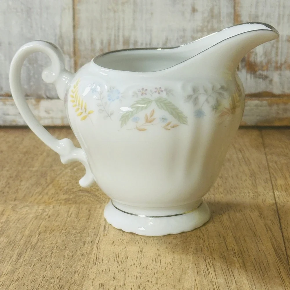 Fine China Japan Joanne 7006 Creamer Pitcher White Pastel Floral Silver Trim